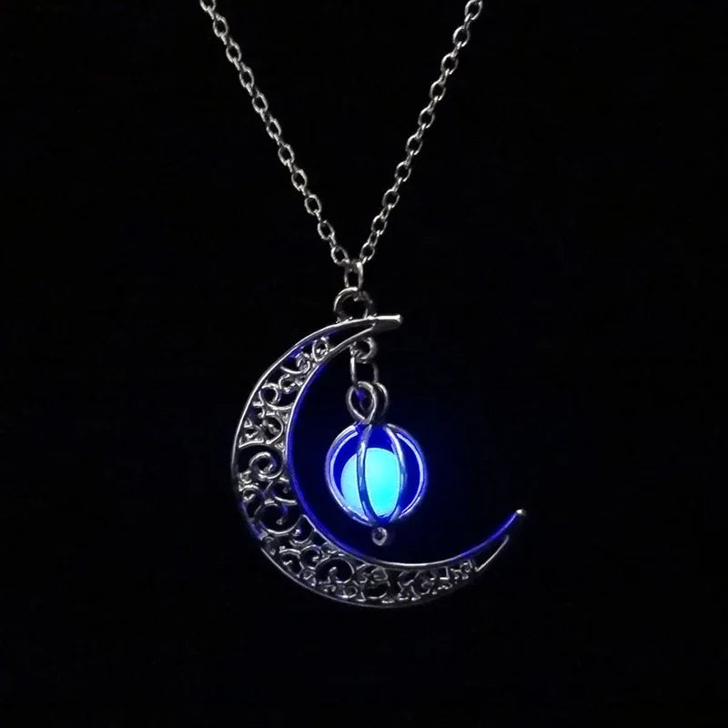 Glowing Moon Orb Necklace Halloween Pumpkin Pendant Glow In The Dark Blue, Green, Celestial Moons Jewelry Women Girl Gifts