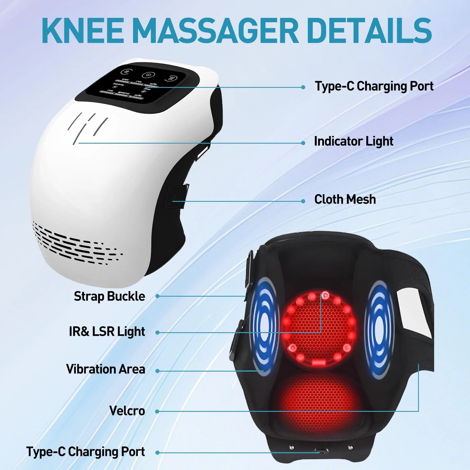 Cordless Joint Massager, for Knee, Shoulder, and Elbow, 3 Adjustable Heat and 3 Vibration levels, Red Light Therapy, LED Touch