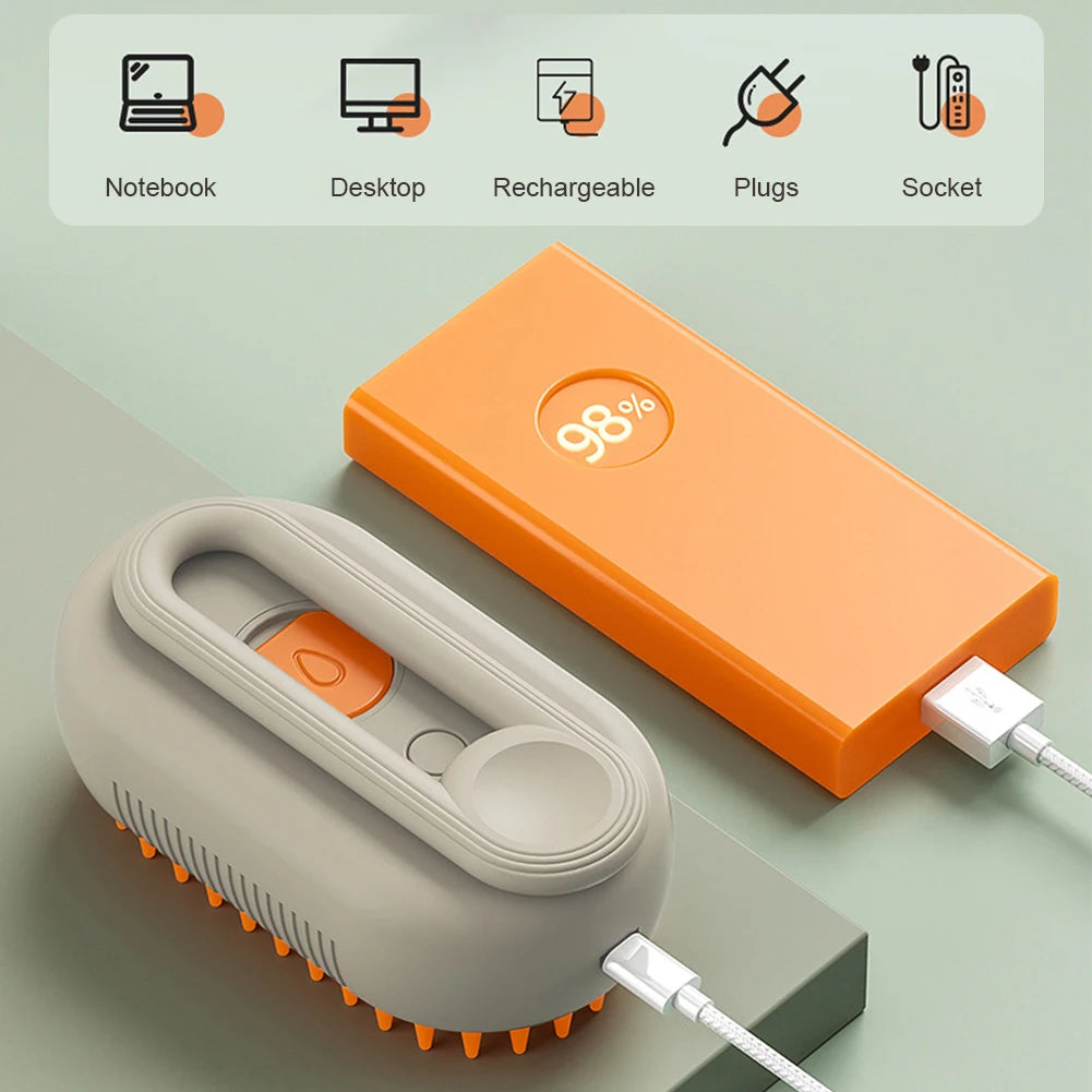 Steam Brush 3 in 1 Electric Spray USB Rechargeable Massage Comb for Pet Hairs