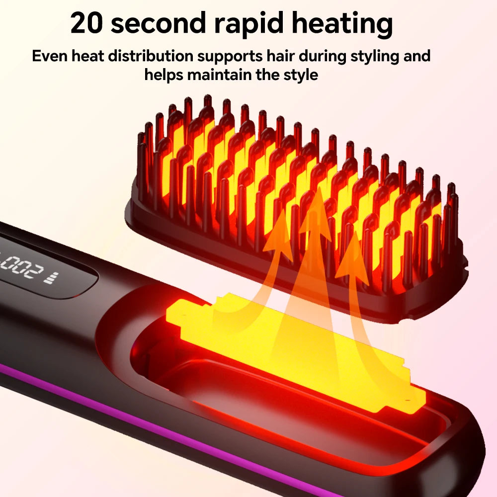 Cordless Rechargeable Hair Straightener Brush, Negative Ions Hair Straightener Comb with 3 Temp Settings, Fast Heating & Display