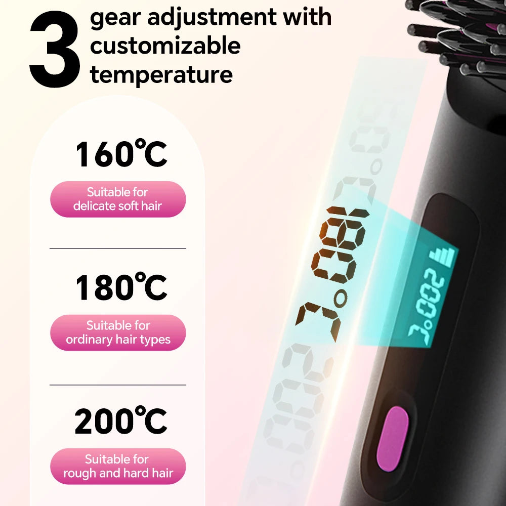 Cordless Rechargeable Hair Straightener Brush, Negative Ions Hair Straightener Comb with 3 Temp Settings, Fast Heating & Display