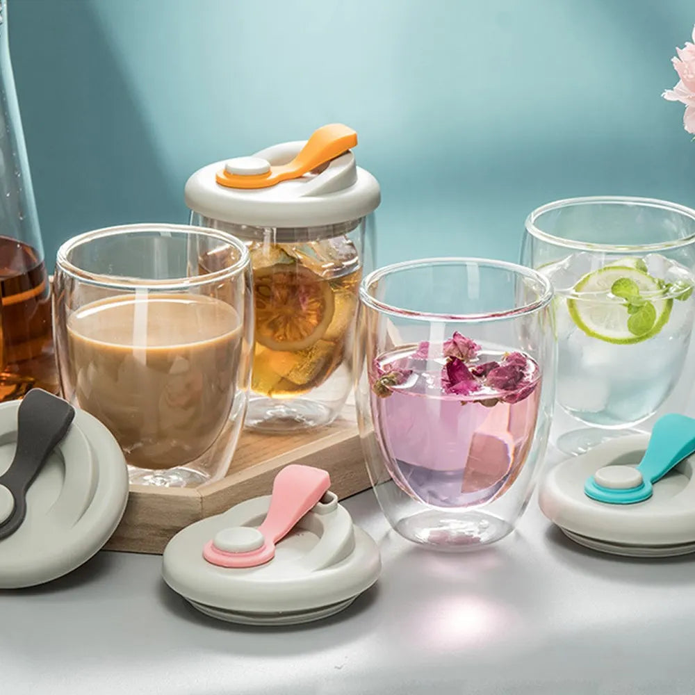 Portable Water Cup Transparent Insulated Glass Wall With Leak-Proof Lid