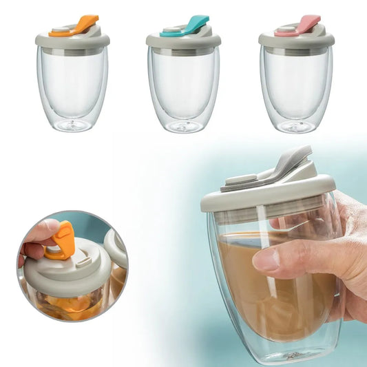Portable Water Cup Transparent Insulated Glass Wall With Leak-Proof Lid