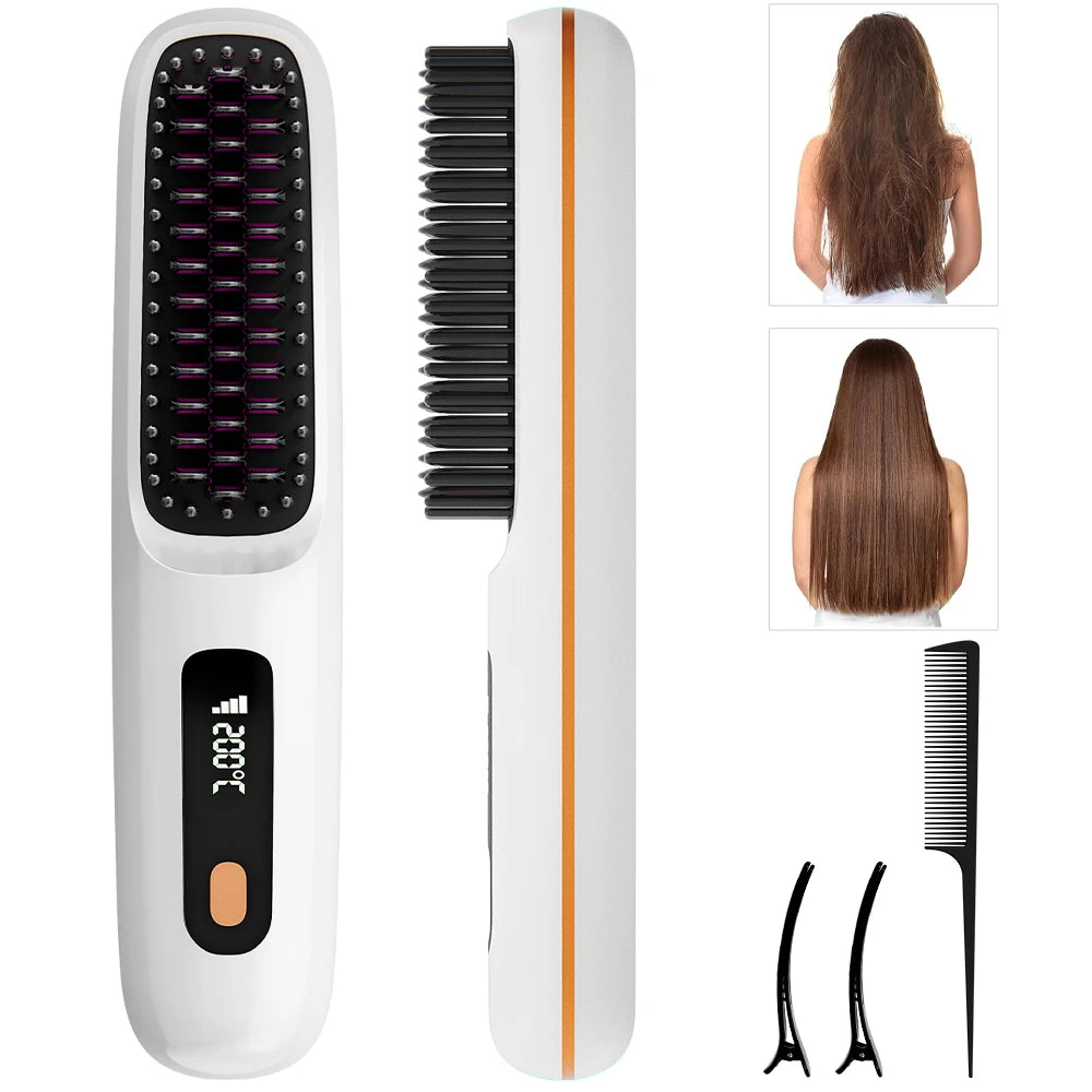 Cordless Rechargeable Hair Straightener Brush, Negative Ions Hair Straightener Comb with 3 Temp Settings, Fast Heating & Display