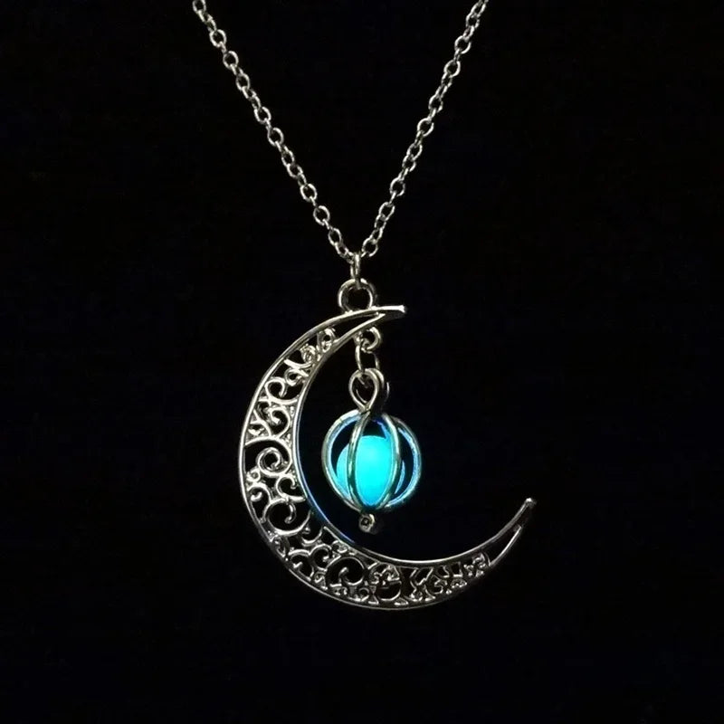 Glowing Moon Orb Necklace Halloween Pumpkin Pendant Glow In The Dark Blue, Green, Celestial Moons Jewelry Women Girl Gifts