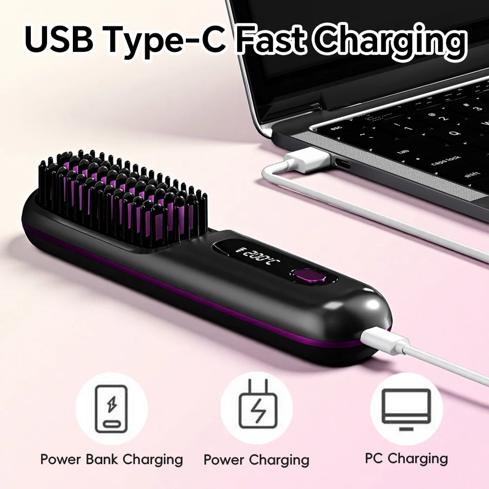 Cordless Rechargeable Hair Straightener Brush, Negative Ions Hair Straightener Comb with 3 Temp Settings, Fast Heating & Display