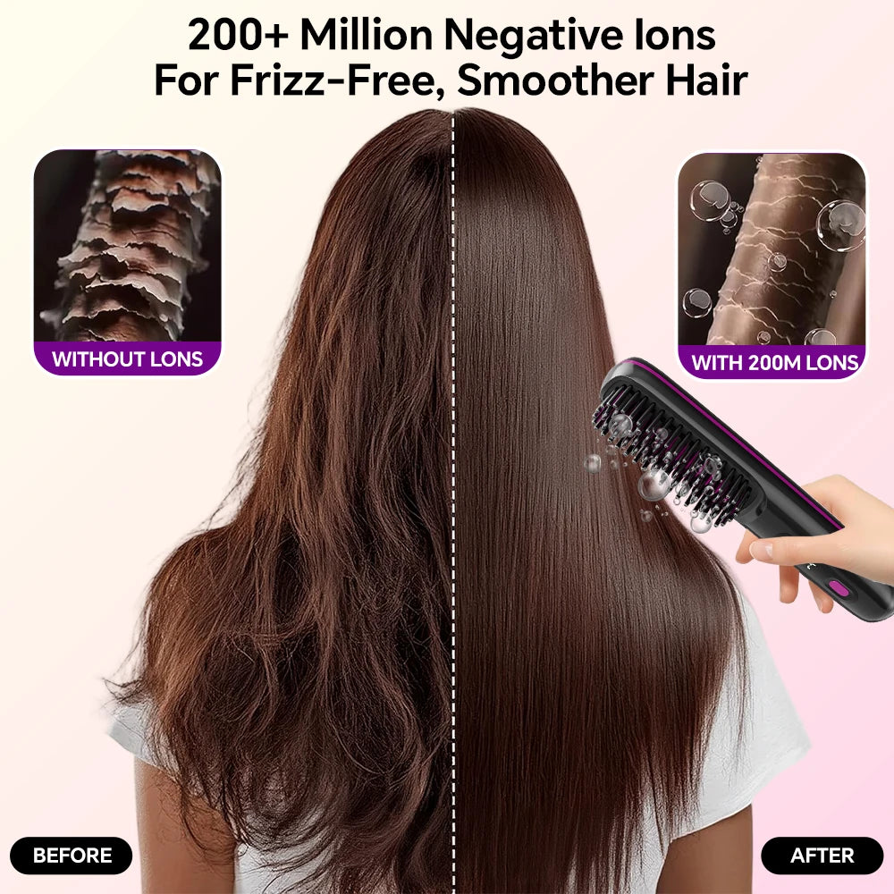 Cordless Rechargeable Hair Straightener Brush, Negative Ions Hair Straightener Comb with 3 Temp Settings, Fast Heating & Display