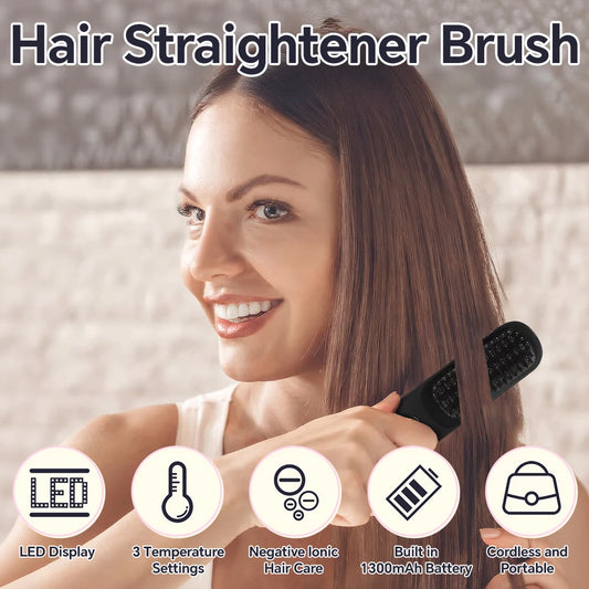Cordless Rechargeable Hair Straightener Brush, Negative Ions Hair Straightener Comb with 3 Temp Settings, Fast Heating & Display