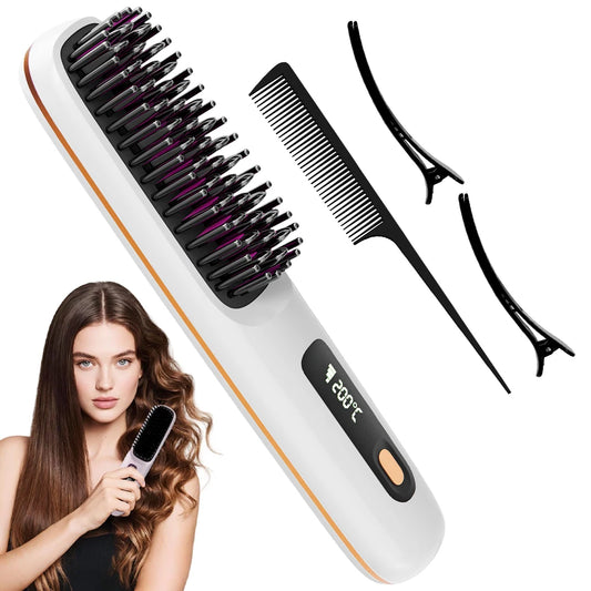 Cordless Rechargeable Hair Straightener Brush, Negative Ions Hair Straightener Comb with 3 Temp Settings, Fast Heating & Display